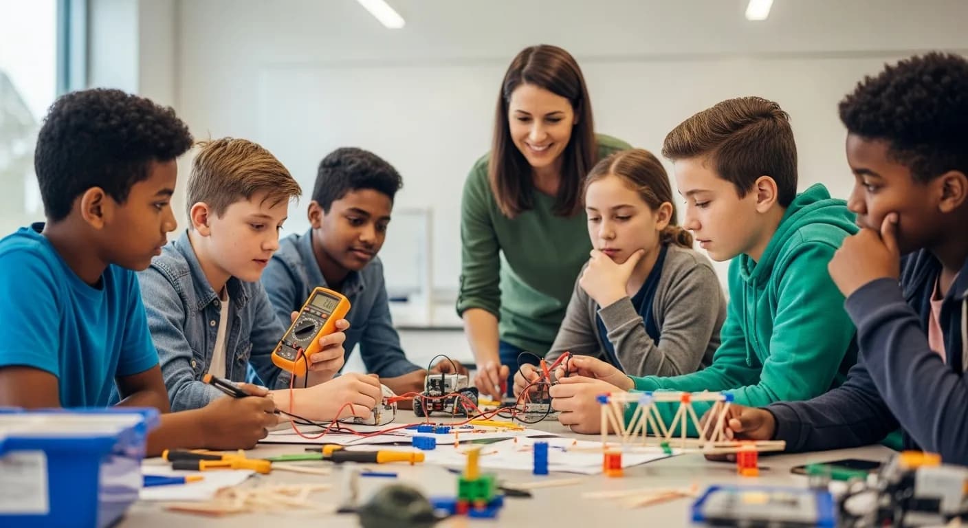 A teacher helping middle schoolers with a hands-on engineering project
